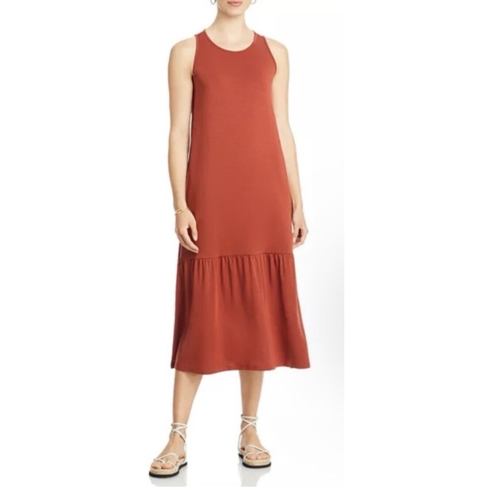 Eileen Fisher Womens Orange Fine Jersey Tiered Midi Tank Dress Size L Minimalist